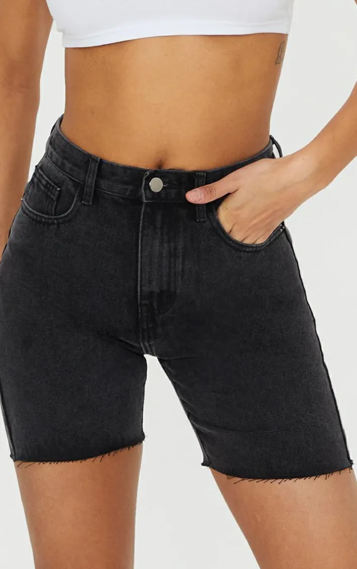 PRETTYLITTLETHING Washed Black Longline Fitted Denim Shorts