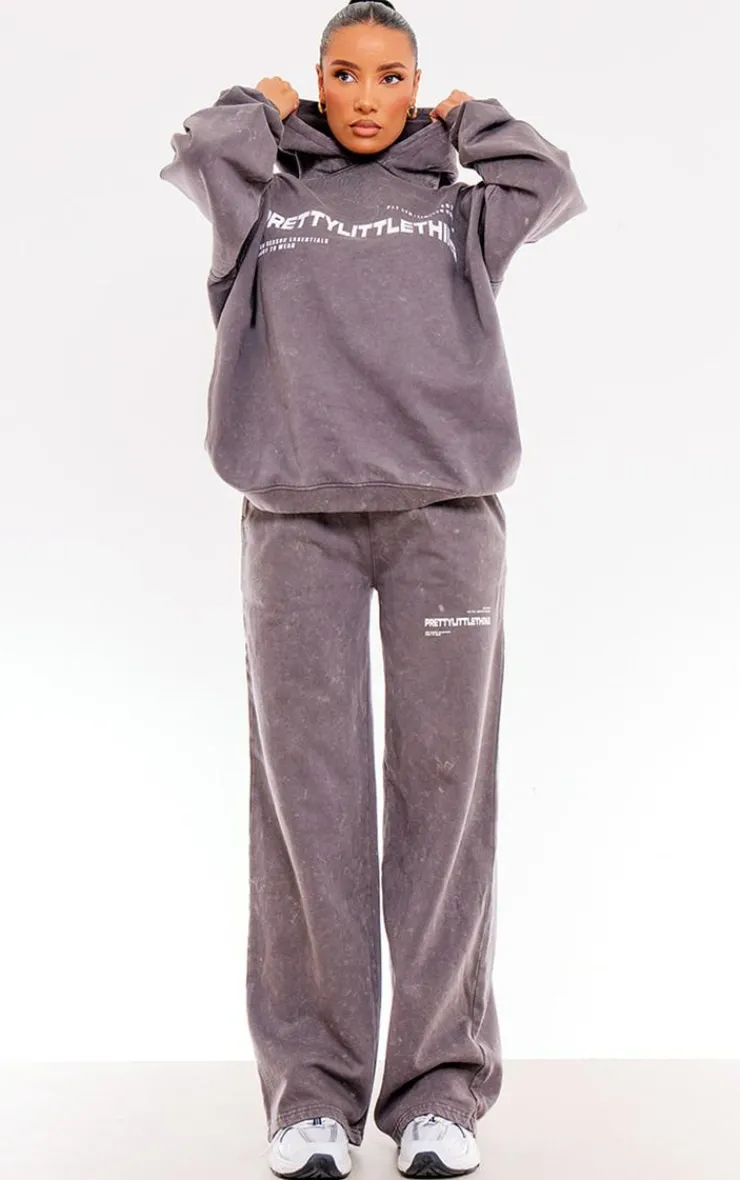 PrettyLittleThing Grey Sweatsuits*Washed Charcoal Print Oversized Wide Leg Sweatpants