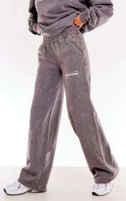 PrettyLittleThing Grey Sweatsuits*Washed Charcoal Print Oversized Wide Leg Sweatpants