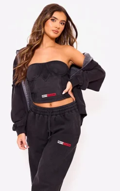 Online PrettyLittleThing Rib Panel Bandeau Corset Top Washed Black