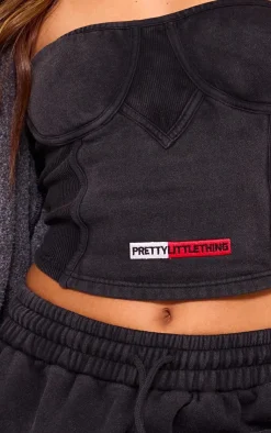 Online PrettyLittleThing Rib Panel Bandeau Corset Top Washed Black