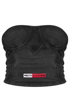 Online PrettyLittleThing Rib Panel Bandeau Corset Top Washed Black