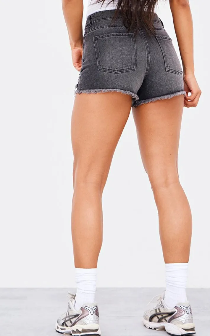 PRETTYLITTLETHING Washed Black Distressed Mid Rise Basic Denim Shorts
