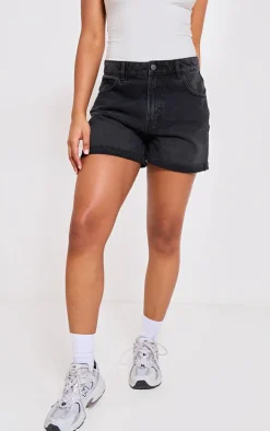 PRETTYLITTLETHING Washed Black Turn Up Mom Denim Shorts