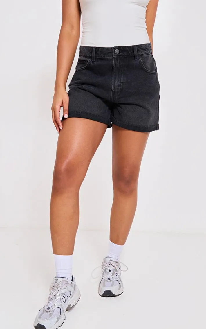 PRETTYLITTLETHING Washed Black Turn Up Mom Denim Shorts