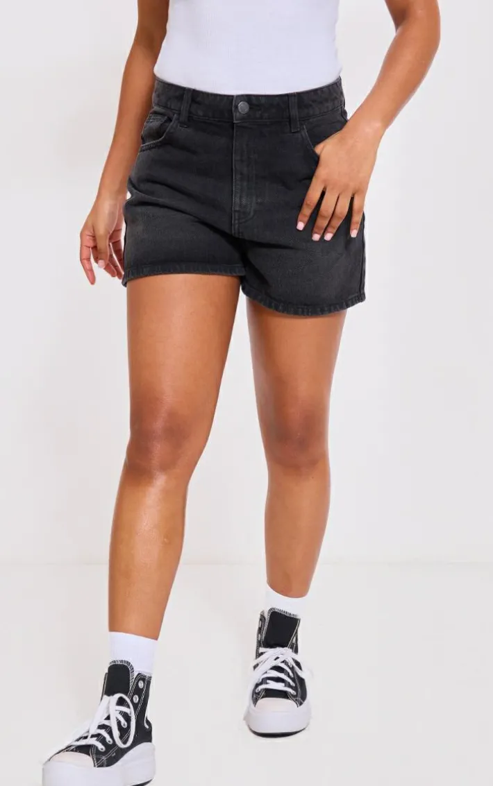 PRETTYLITTLETHING Washed Black Mom Denim Shorts