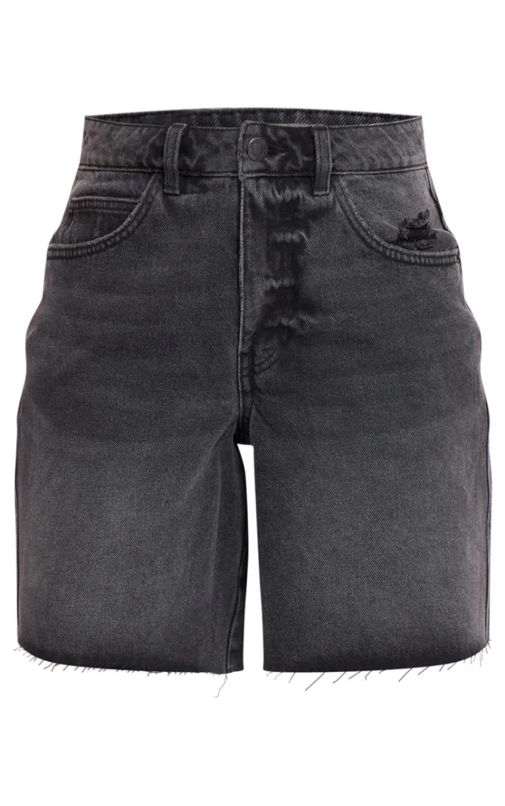 PRETTYLITTLETHING Washed Black Raw Hem Longline Loose Fit Denim Shorts
