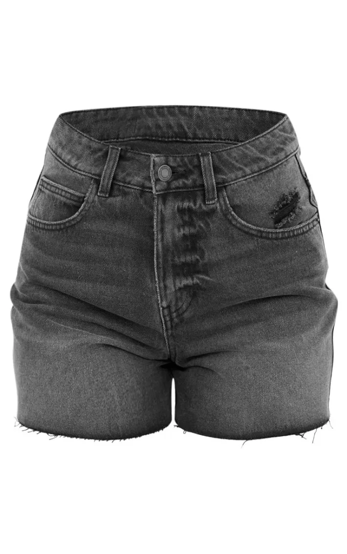 PRETTYLITTLETHING Washed Black Raw Hem Boyfriend Denim Shorts