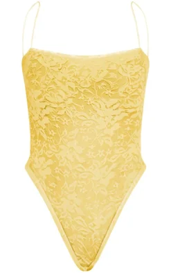 PRETTYLITTLETHING Yellow Lace Spaghetti Strap Bodysuit