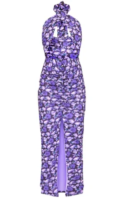 Abstract Floral Cross Halterneck Cut Out Ruched Midaxi Dress-PrettyLittleThing Clearance