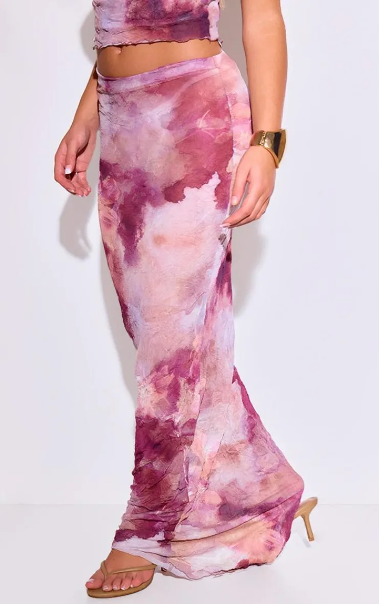 Best PrettyLittleThing Abstract Print Crushed Mesh Mid Rise Maxi Skirt Purple