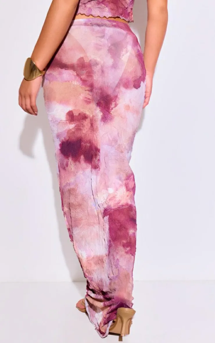 Best PrettyLittleThing Abstract Print Crushed Mesh Mid Rise Maxi Skirt Purple