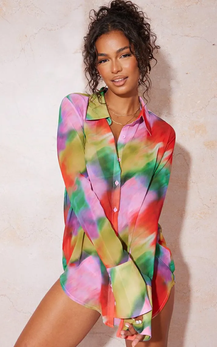 Purple Abstract Printed Oversized Beach Shirt