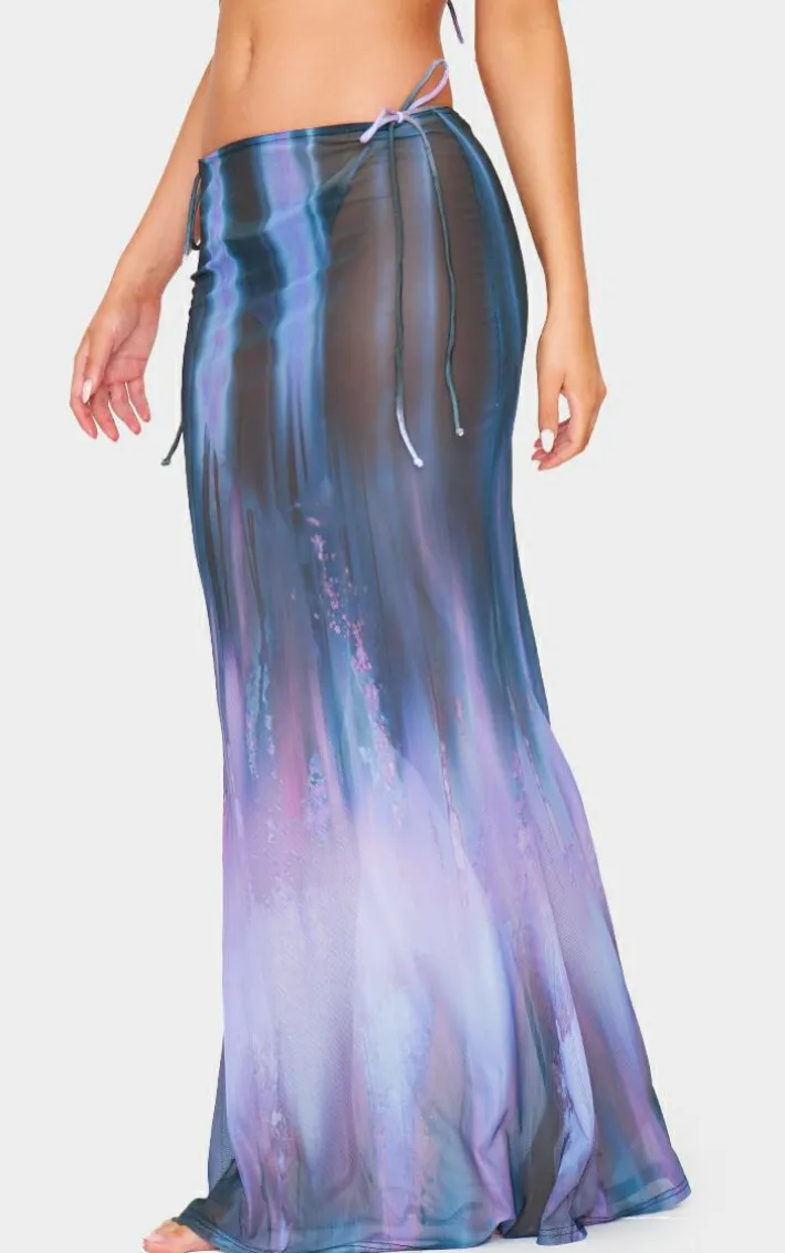 Purple Blur Print Mesh Bodycon Maxi Beach Skirt