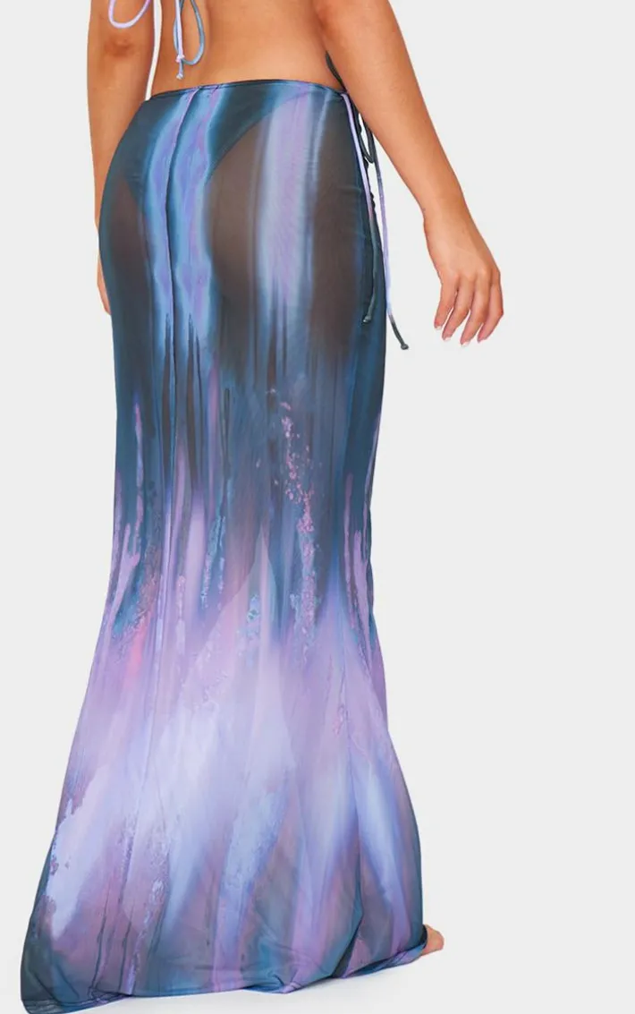 Purple Blur Print Mesh Bodycon Maxi Beach Skirt
