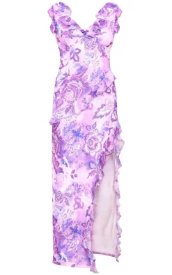 Floral Asymmetric Frill Split Maxi Dress-PrettyLittleThing Hot