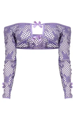 PrettyLittleThing Floral Fishnet Bow Detail Long Sleeve Bardot Crop Top Purple