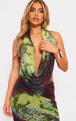 Outlet PrettyLittleThing Floral Print Mesh Cowl Backless Top Purple