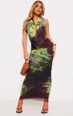 Outlet PrettyLittleThing Floral Print Mesh Cowl Backless Top Purple