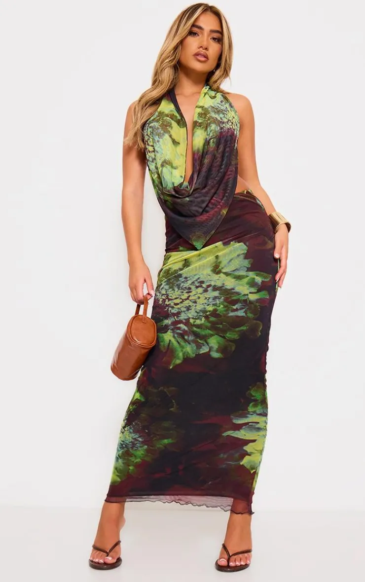 Discount PrettyLittleThing Floral Print Mesh Low Rise Maxi Skirt Purple