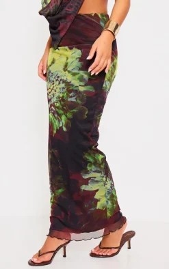 Discount PrettyLittleThing Floral Print Mesh Low Rise Maxi Skirt Purple