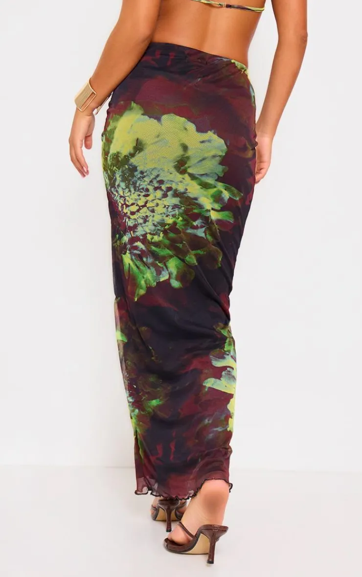 Discount PrettyLittleThing Floral Print Mesh Low Rise Maxi Skirt Purple