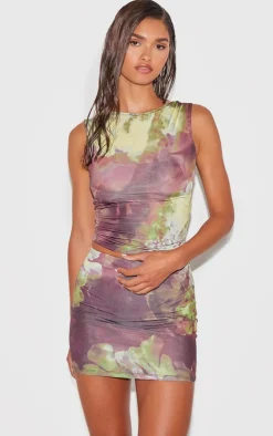 Hot PrettyLittleThing Floral Printed Low Rise Slinky Micro Mini Skirt Purple