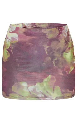 Hot PrettyLittleThing Floral Printed Low Rise Slinky Micro Mini Skirt Purple