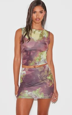 New PrettyLittleThing Floral Printed Slinky Open Back Cap Sleeve Longline Top Purple