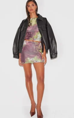 New PrettyLittleThing Floral Printed Slinky Open Back Cap Sleeve Longline Top Purple