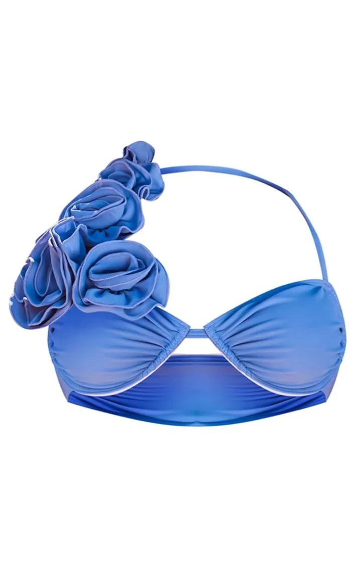Purple Flower Detail Ruched Underwired Bikini Top