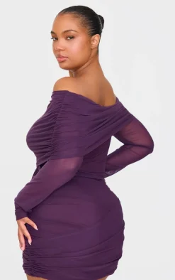 Mesh Long Sleeve One Shoulder Bodycon Dress-PrettyLittleThing Online