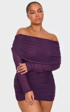 Mesh Long Sleeve One Shoulder Bodycon Dress-PrettyLittleThing Online