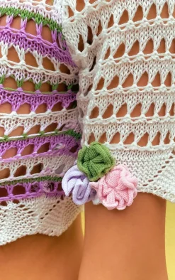 PrettyLittleThing Knitted Tops*Open Crochet Knit Lace Up Floral Applique Top