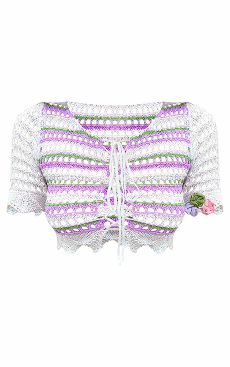 PrettyLittleThing Knitted Tops*Open Crochet Knit Lace Up Floral Applique Top
