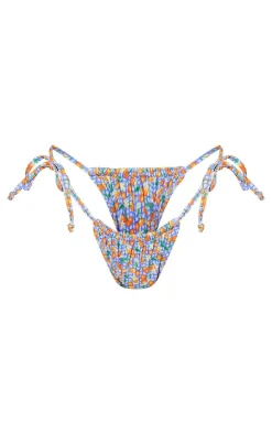 Purple Orange Gingham Print Ruched Tie Side Bikini Bottoms