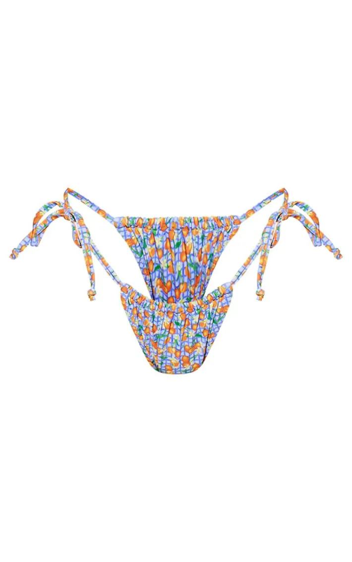 Purple Orange Gingham Print Ruched Tie Side Bikini Bottoms