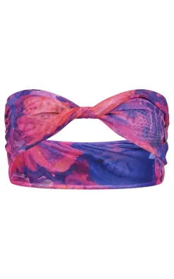 Hot PrettyLittleThing Print Sheer Mesh Twist Front Bandeau Purple