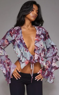 PrettyLittleThing Blouses*Printed Sheer Woven Ruffle Tie Crop Blouse