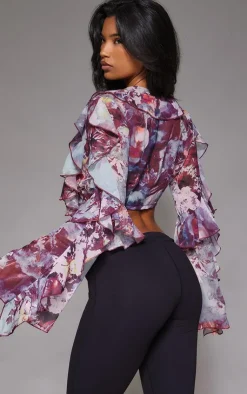 PrettyLittleThing Blouses*Printed Sheer Woven Ruffle Tie Crop Blouse
