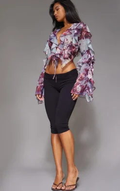 PrettyLittleThing Blouses*Printed Sheer Woven Ruffle Tie Crop Blouse