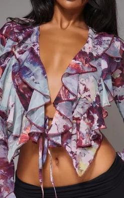 PrettyLittleThing Blouses*Printed Sheer Woven Ruffle Tie Crop Blouse