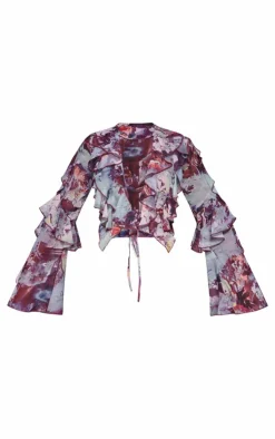 PrettyLittleThing Blouses*Printed Sheer Woven Ruffle Tie Crop Blouse