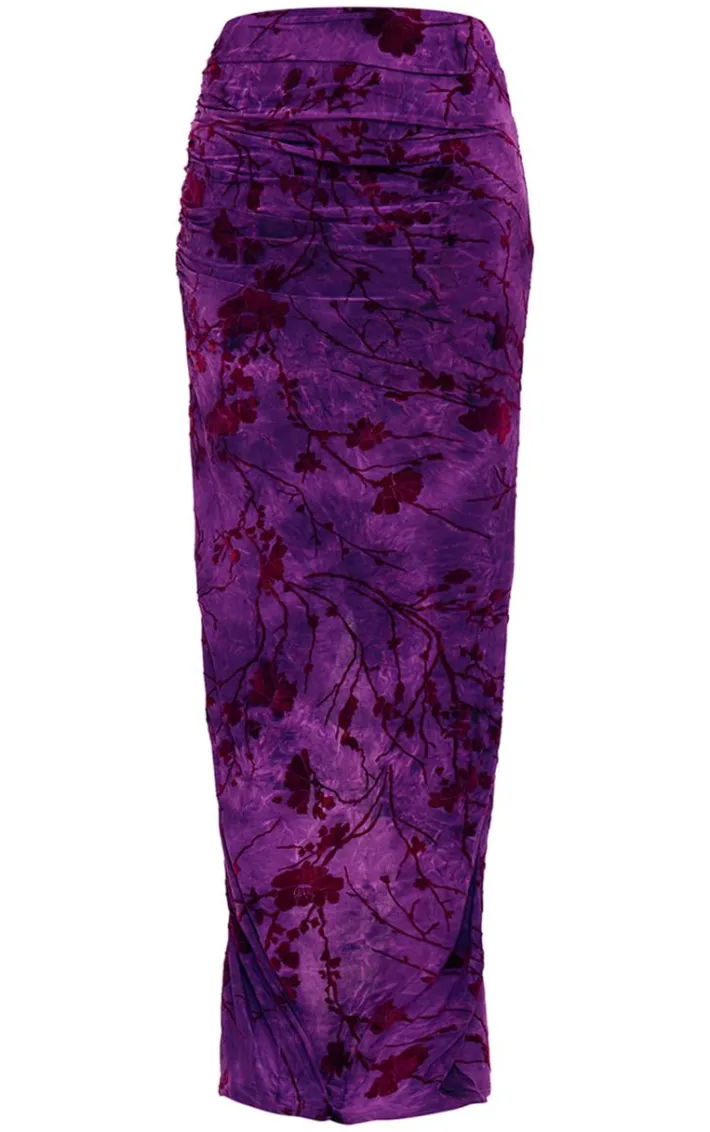 Purple Printed Soft Touch Devore Ruched Side Maxi Skirt