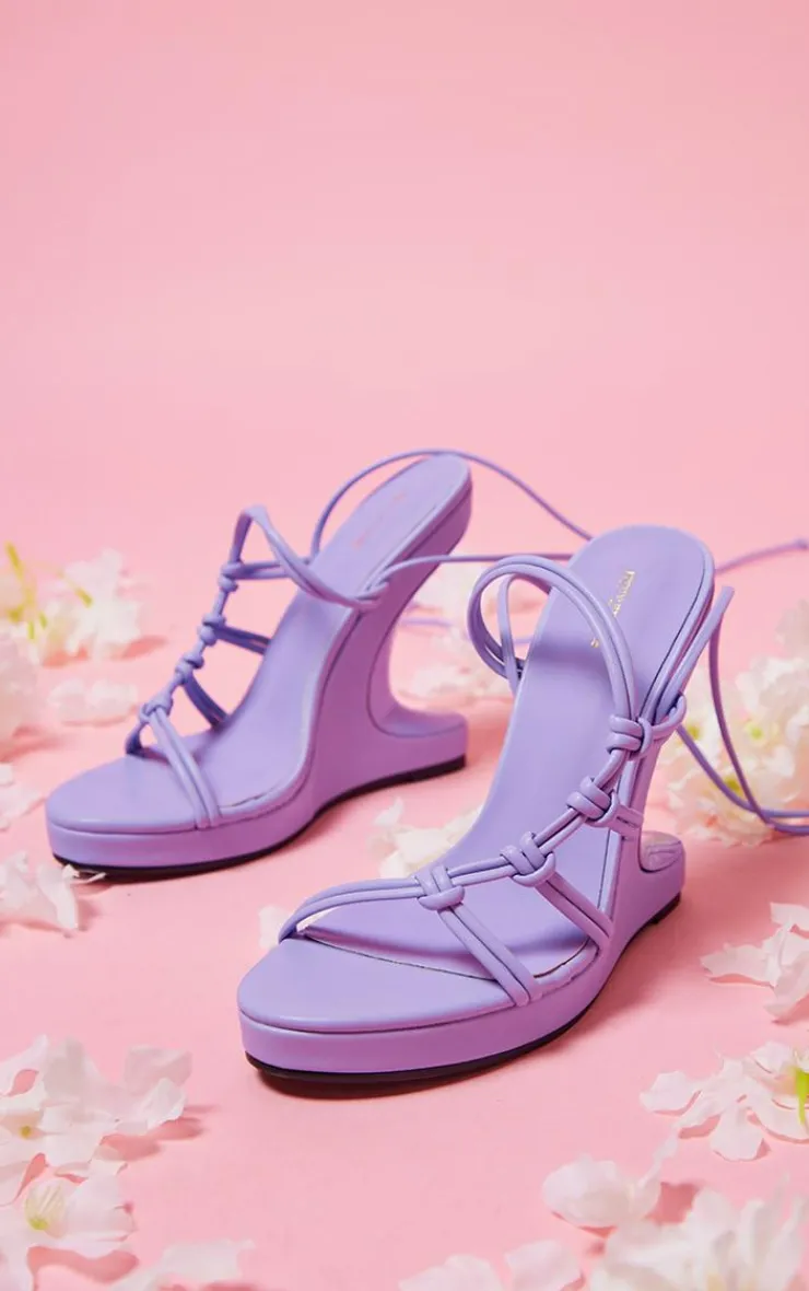PrettyLittleThing Statement Heels*PU Curved Knot Lace Up Reverse Wedge Heeled Sandals