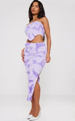 Hot PrettyLittleThing Tie Dye Rib Knit Bandeau Crop Top Purple
