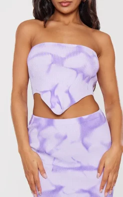 Hot PrettyLittleThing Tie Dye Rib Knit Bandeau Crop Top Purple