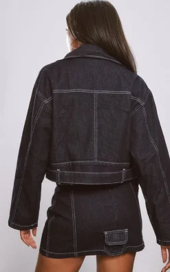 Discount PrettyLittleThing Biker Detail Oversized Denim Jacket Raw Indigo Wash