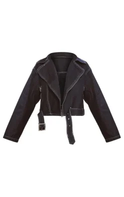 Discount PrettyLittleThing Biker Detail Oversized Denim Jacket Raw Indigo Wash