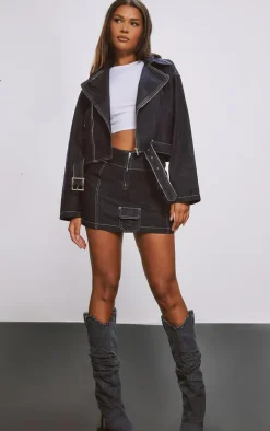 Clearance PrettyLittleThing Cargo Pocket Seam Detail Denim Mini Skirt Raw Indigo Wash